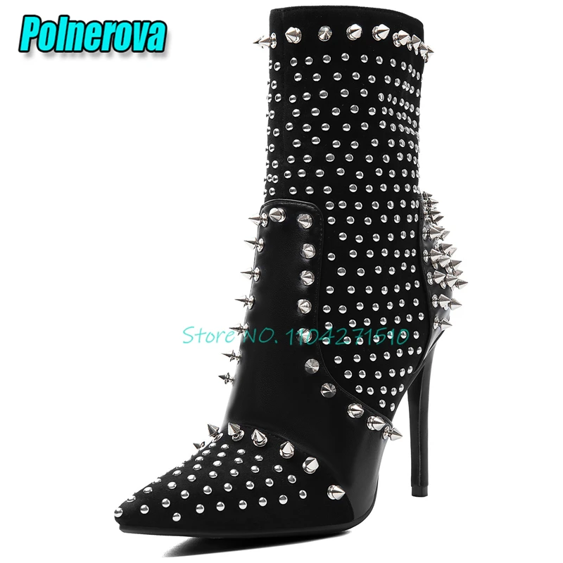Gothic Rivet Black Leather Patchwork Short Boots for Women Punk Sexy Pointed Toe Side Zipper High Heels Party Nightclub Shoes