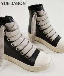 Black Women High-top Shoes Flat Platform Leather Men's Sneakers Street Woman Canvas shoes Casual Lace Up Ankle Boots