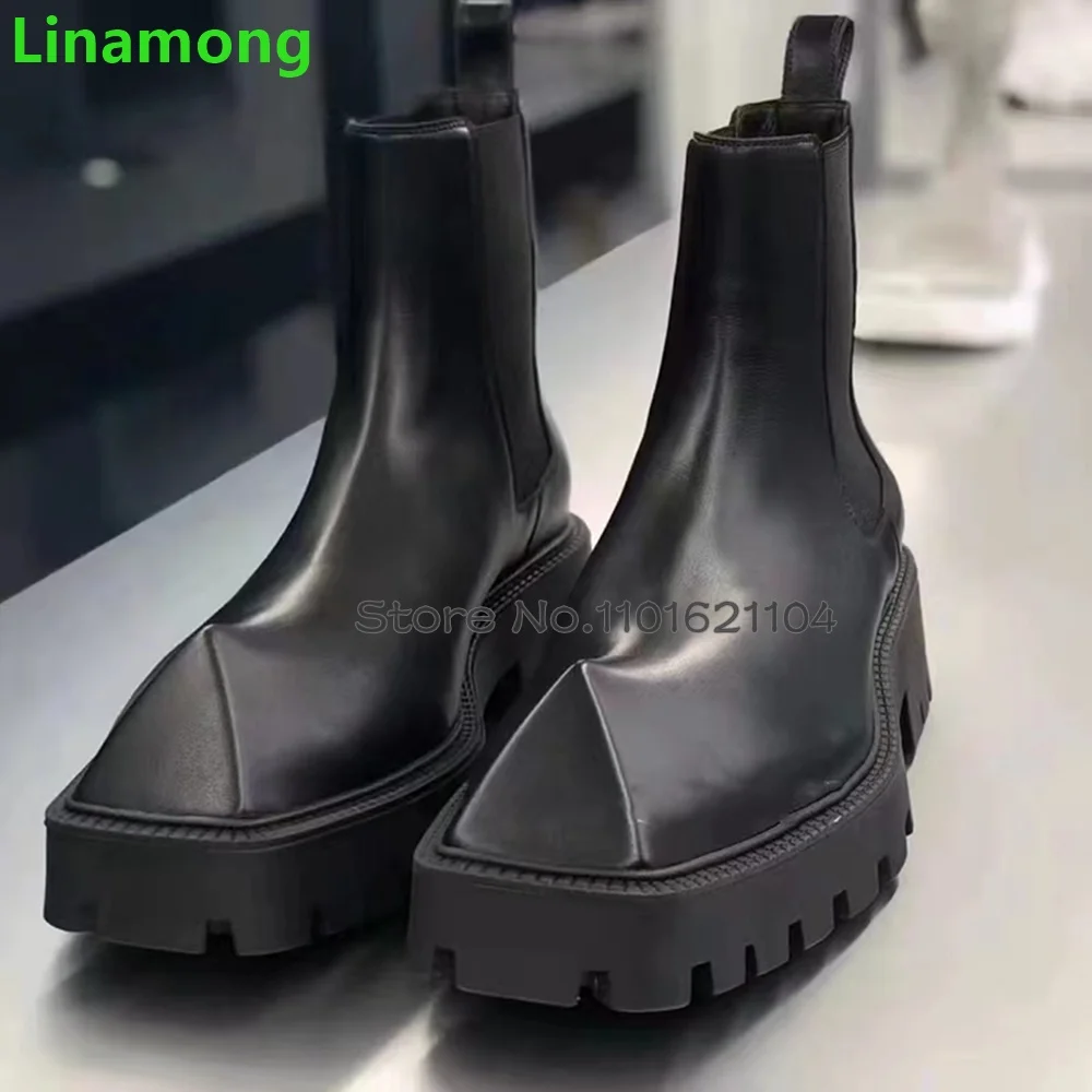 Black Triangular Facet Thick Sole Boots Real Leather Square Toe Slip-on Non-slip Ankle High Fashion Simple Luxury Business Shoes