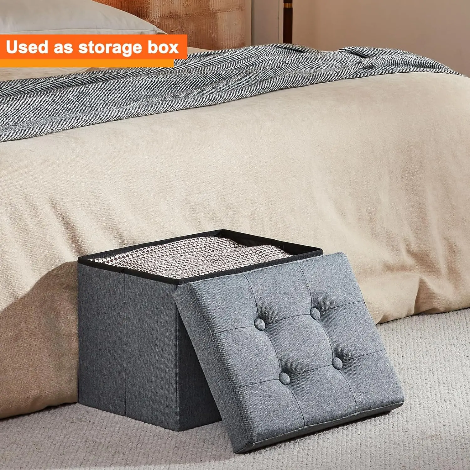 Foldable Grey Storage Ottoman Footrest, 17x13x13", Small Bench for Living Room.