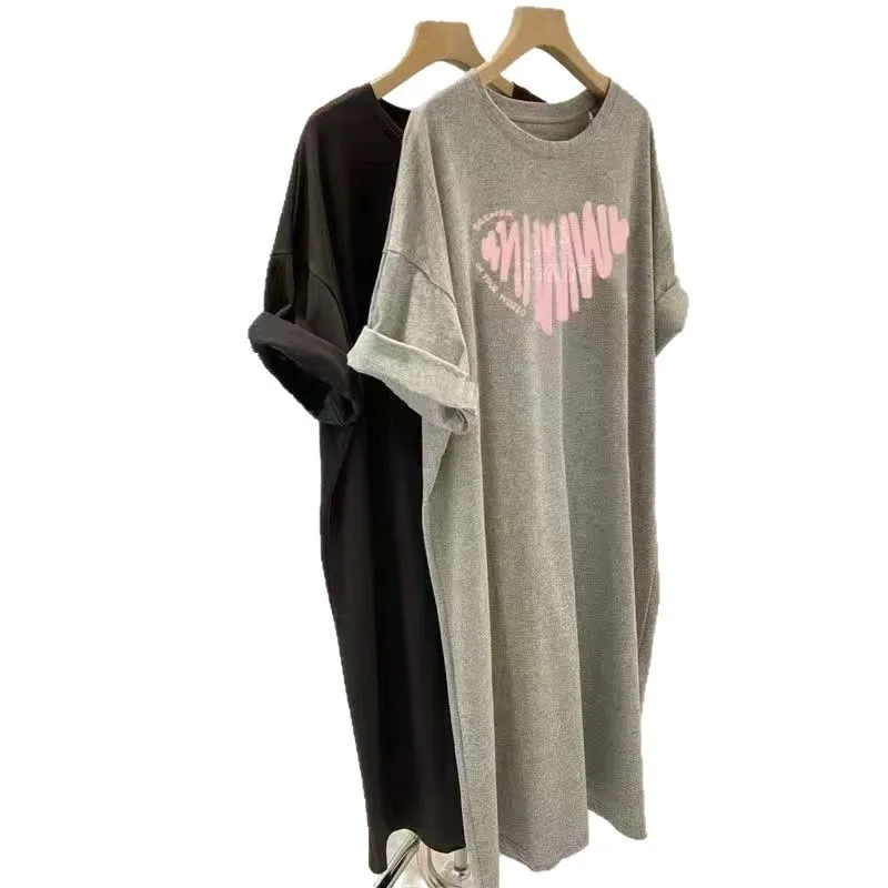 Korean version plus size lazy T-shirt dress women's summer 2026 new mid length skirt fat mm casual straight tube heart skirt