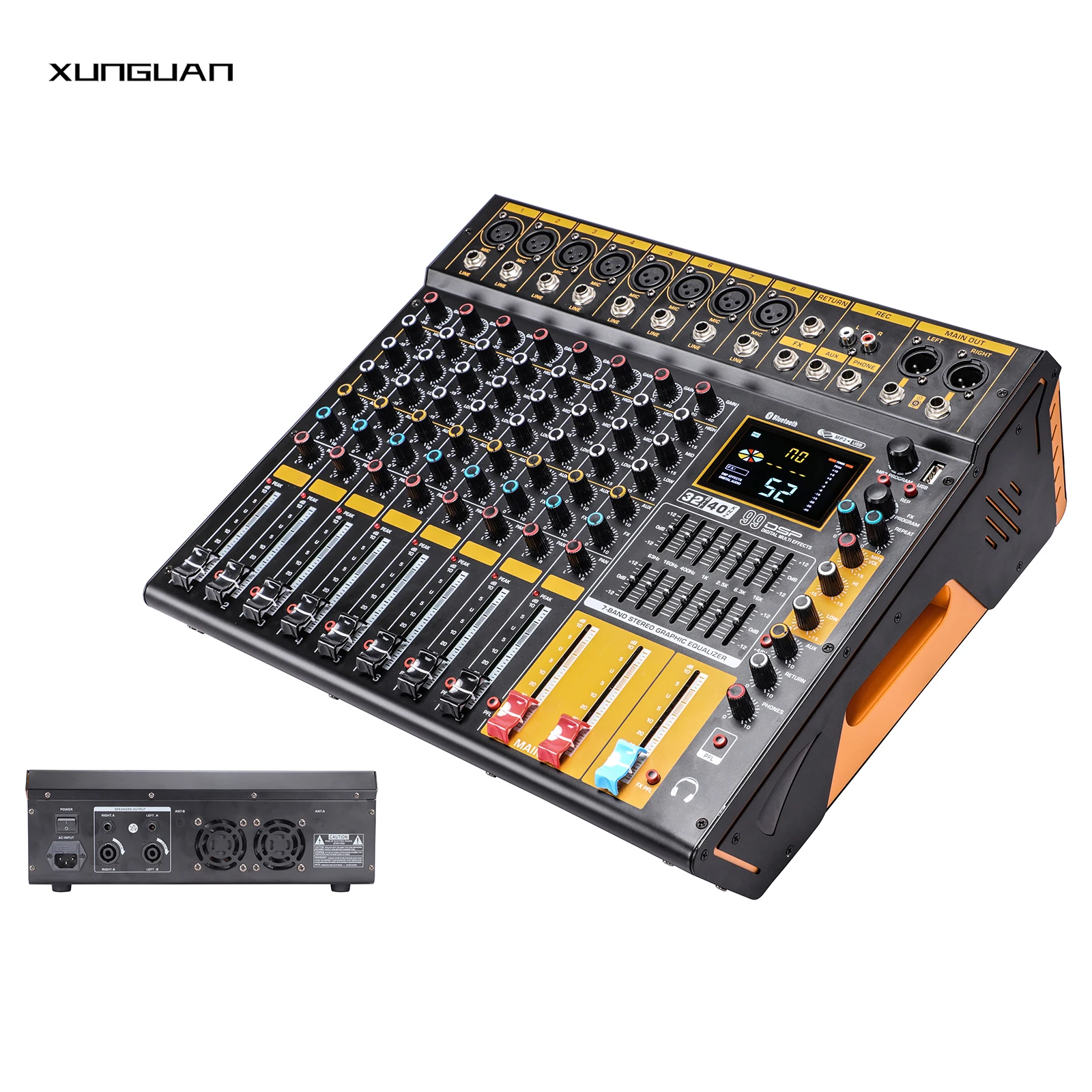 

CX-8/CX-12/CX-16 Big Display 99DSP USB 8/12/16-Channels Powered Audio Mixer with 350watt*2ch/1 Aux/48V phantom power/MP3