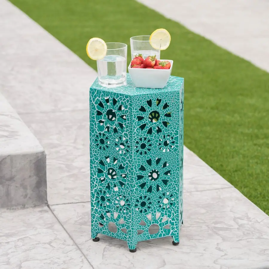 

Home Eliana Outdoor 12 Sunburst Iron Side Table, Crackle Teal