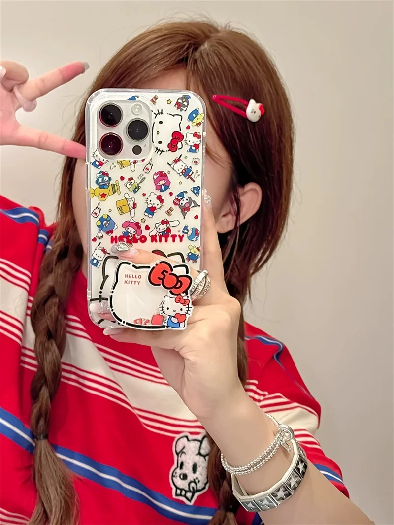 Cartoon Cute Hello Kitty Melody Cinnamoroll Kuromi Stand Case For iPhone 11 12 13 14 15 Pro Max 16 Pro Shake Kitty Holder Cover