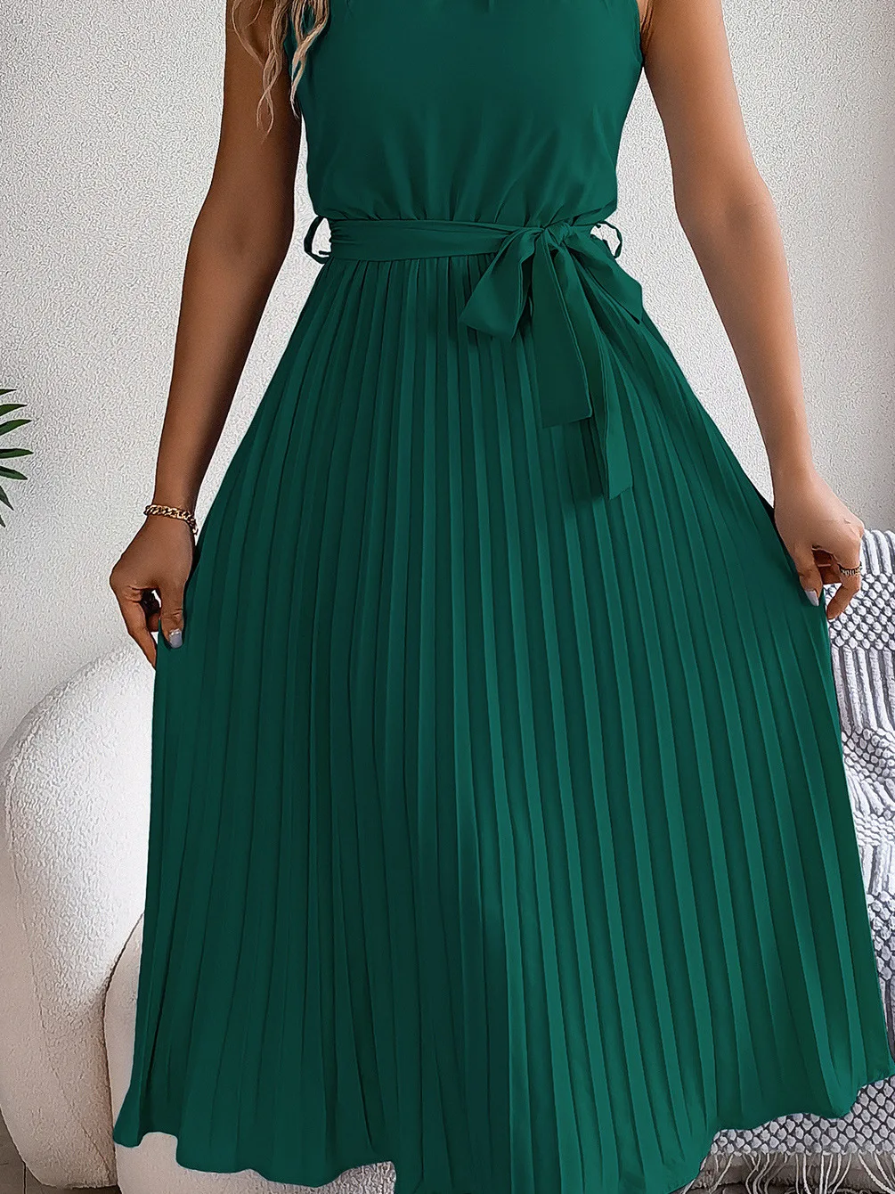 تنورة صيفية طويلة بدون أكمام مع ثنيات وخصر مطاطي، فستان طويل بتصميم A-line، أسلوب الشارع، قماش بوليستر ناعم، تنورة ميدي بخصر ...