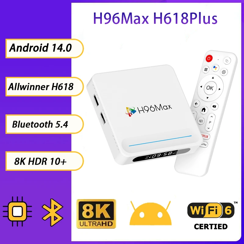 

H96Max H618Plus Android 14 Smart TV Box Allwinner H618 Wifi6 BT5.4 4K@60fps 8K Video Decoding 100M/Lan Google Voice Assist