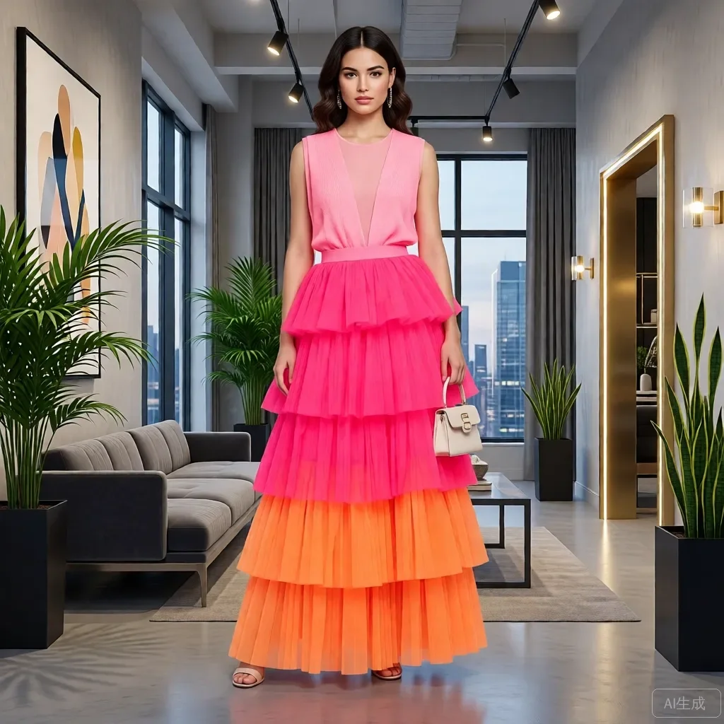

Bright Pink Orange Gradient Tiered Tulle Skirt Multi-Layered Fluffy A-Line Skirts Summer Party Dress Festival High Waist