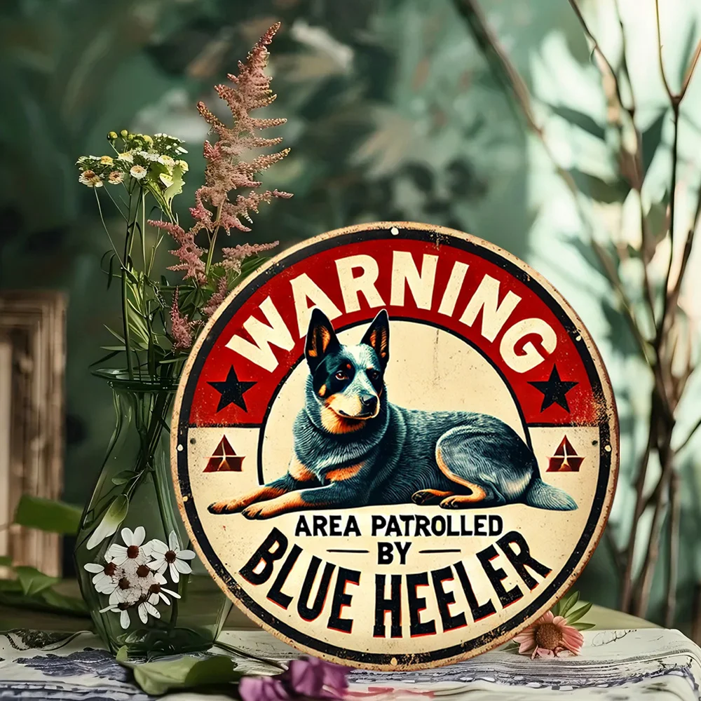 لوحة فنية جدارية مسطحة، قطعة واحدة من الكعب الأزرق العتيق - لوحة معدنية ريفية مستديرة من الألومنيوم مقاس 7.8 بوصة مع رسم توضيحي للكلاب والأحمر #2