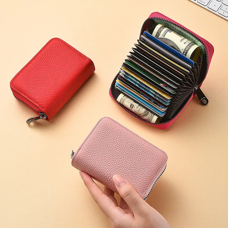 2026 New Genuine Leather Card Holder for Women, RFID Blocking Anti-Demagnetization Zipper Card Case, Multi Slot Credit & ID Card