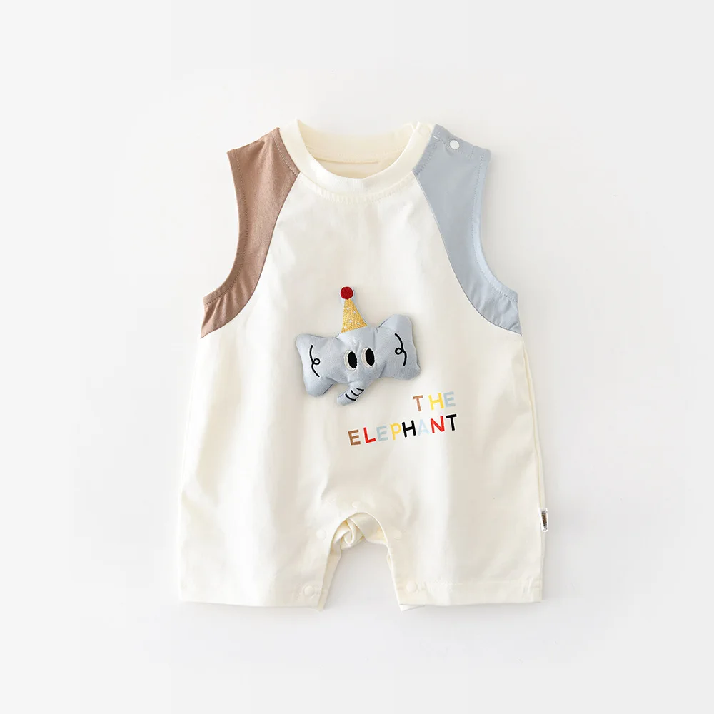 

Летний комбинезон для новорожденных, дышащий комбинезон с круглым вырезом и 3D-принтом слона, без рукавов, для маленьких мальчиков и девочек