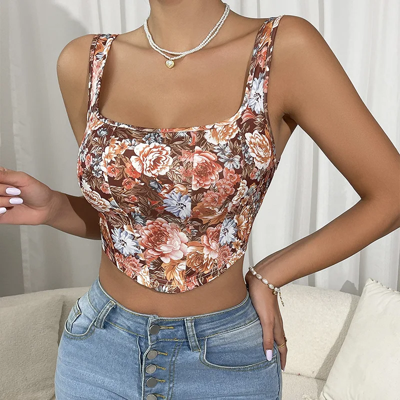 Vintage Square Neck Crop Tops Women Sexy Floral Sleeveless Printed Tank Top Bustier Corset Halter Slim Lingerie Cami Street Vest