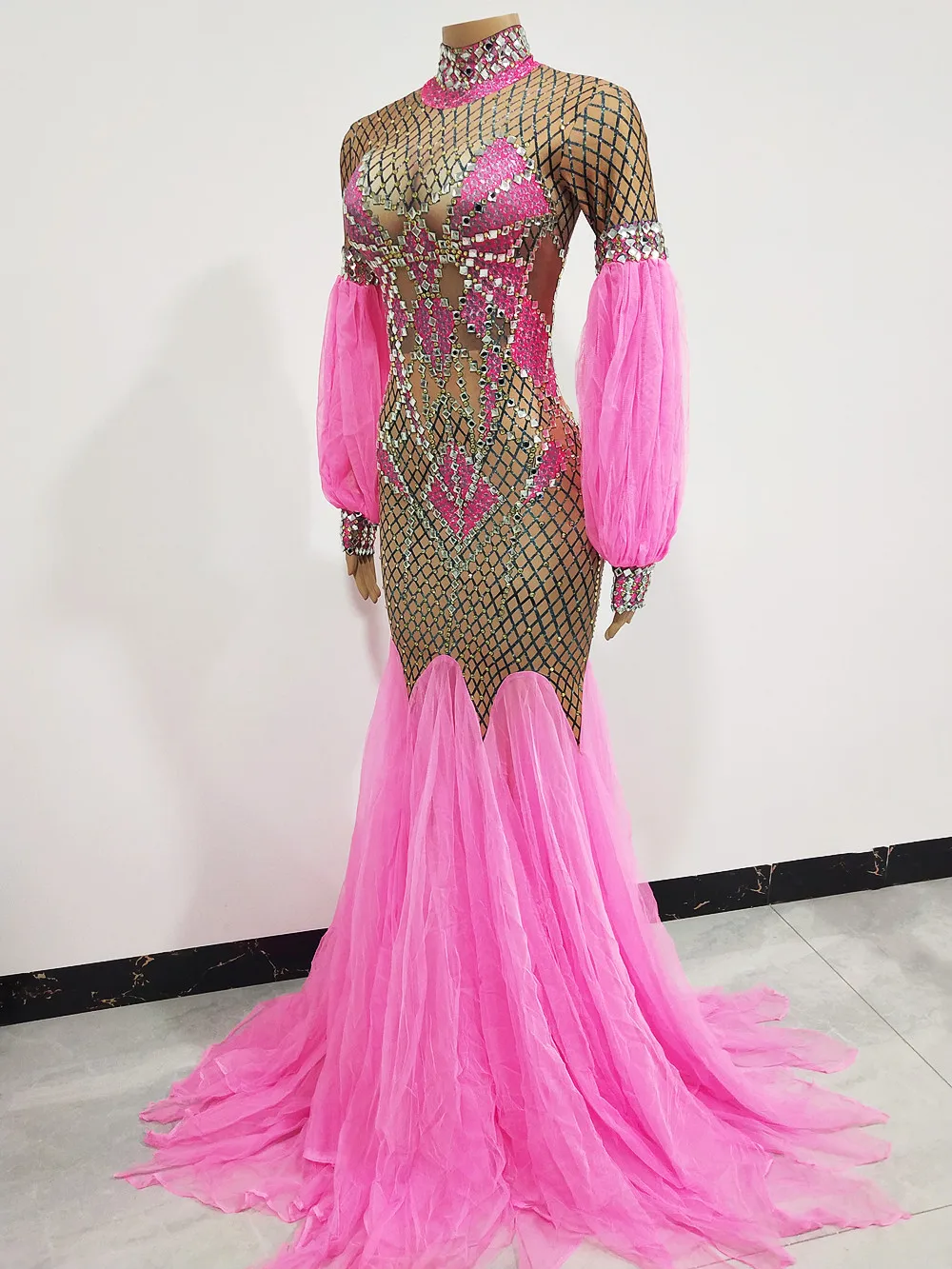 In Stock Luxury Evening Party Singer Host Stage Floor Length Gown Pink Rhinestones Mesh Trailing Dress Birthday Prom Long Dress