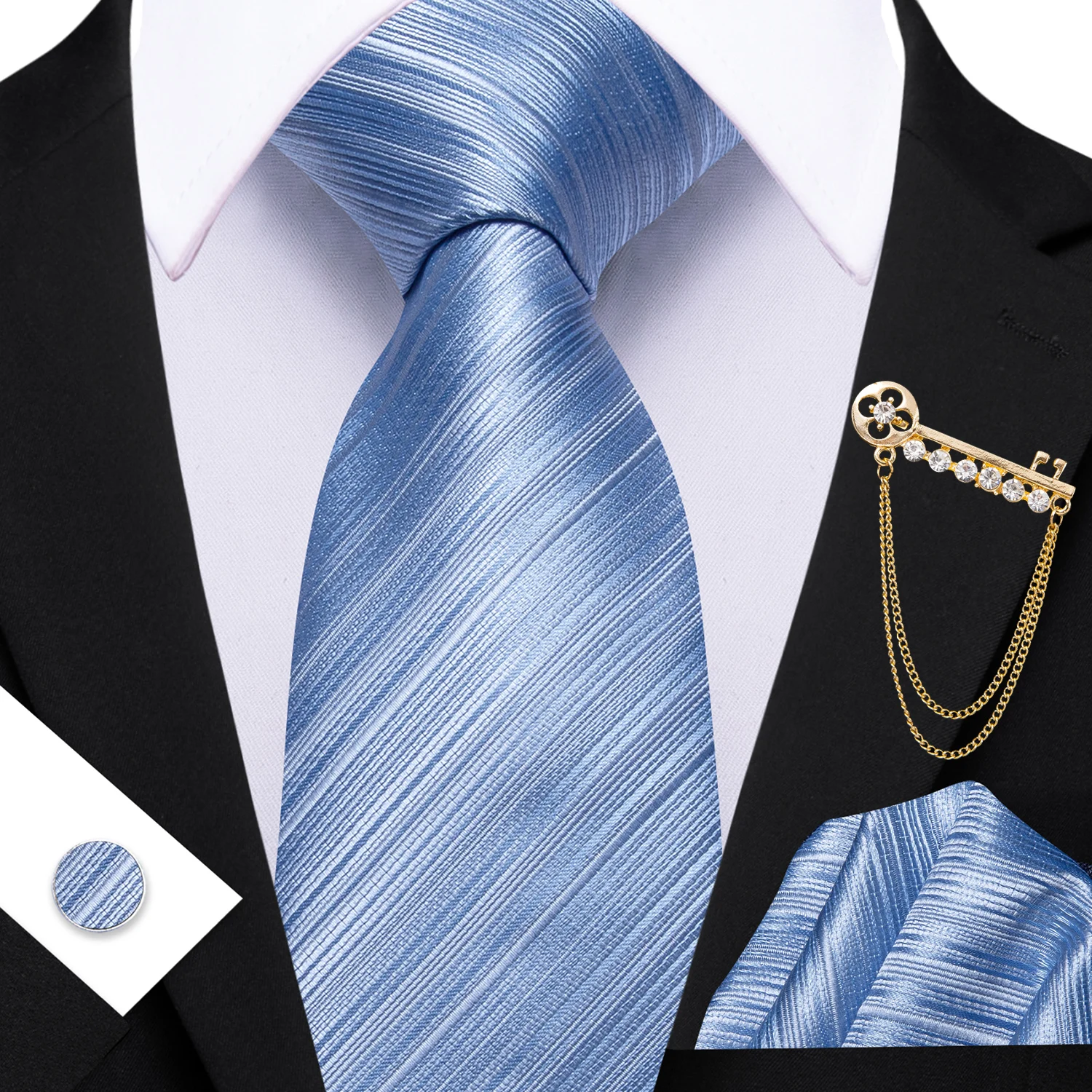 Men's Fashion Striped Light Blue Oliver Green Tie Set with Matching Pocket Square & Cufflinks Brooch Casual Necktie Accessories