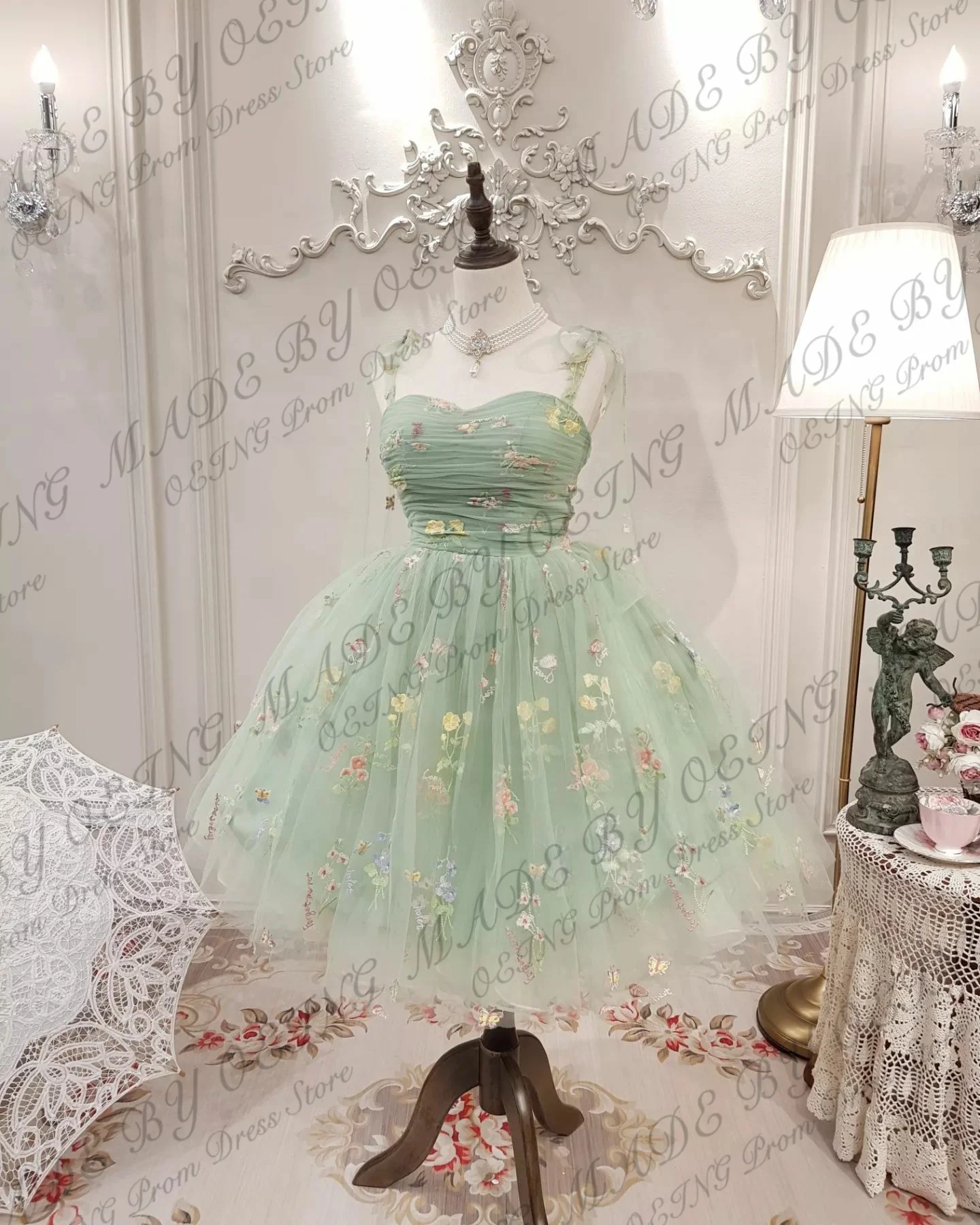 OEING Elegant Short Party Dresses Sweetheart Fairy Floral Tulle Lace Up Suspender Prom Dress Formal Homecoming Dress For Girls