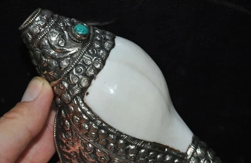 Tibet Buddhism Temple Tibetan Silver Inlay Shell Gem Conch Trumpet Horn Shell