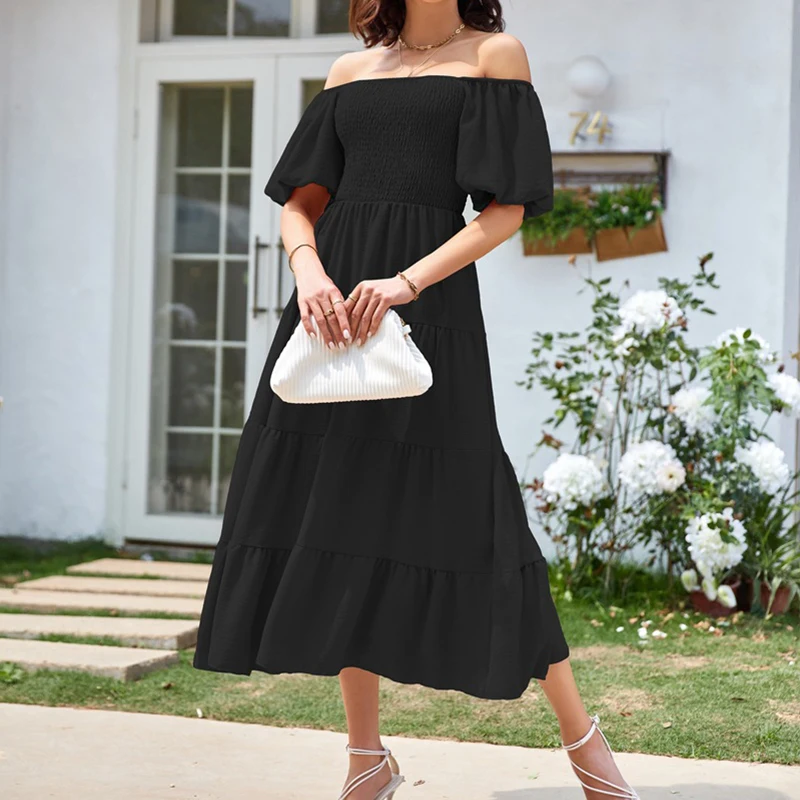 الصلبة المرأة الصيف فستان ماكسي الشارع الشهير ساحة الرقبة عارية الذراعين نفخة الأكمام فستان الشاطئ مطوي قصيرة الأكمام فساتين طويلة