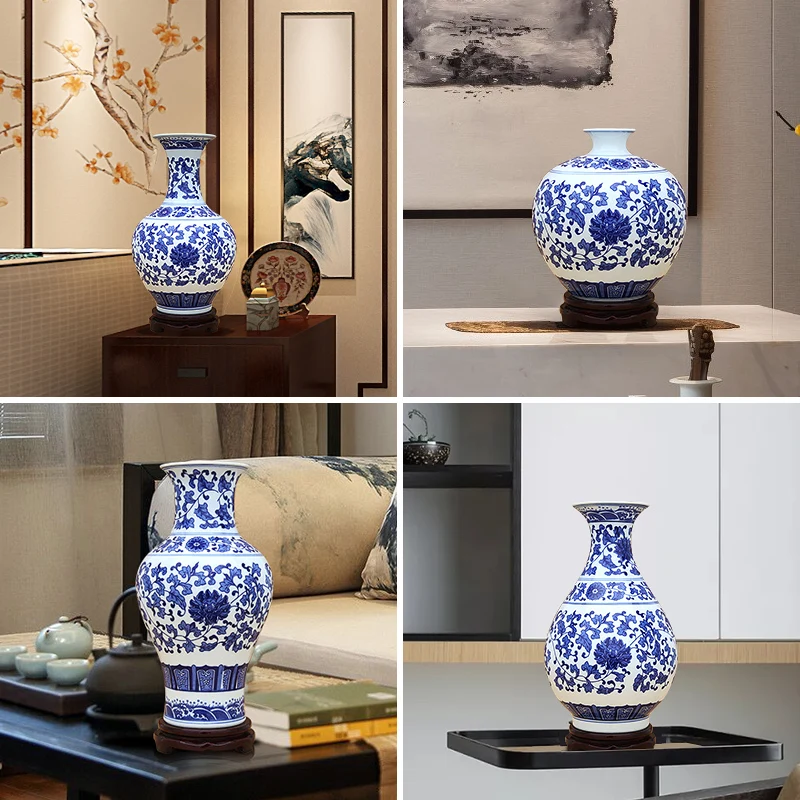 

Ceramic chinoiserie blue and white porcelain lotus vase ornament living room bogu shelf entrance flower arrangement decoration
