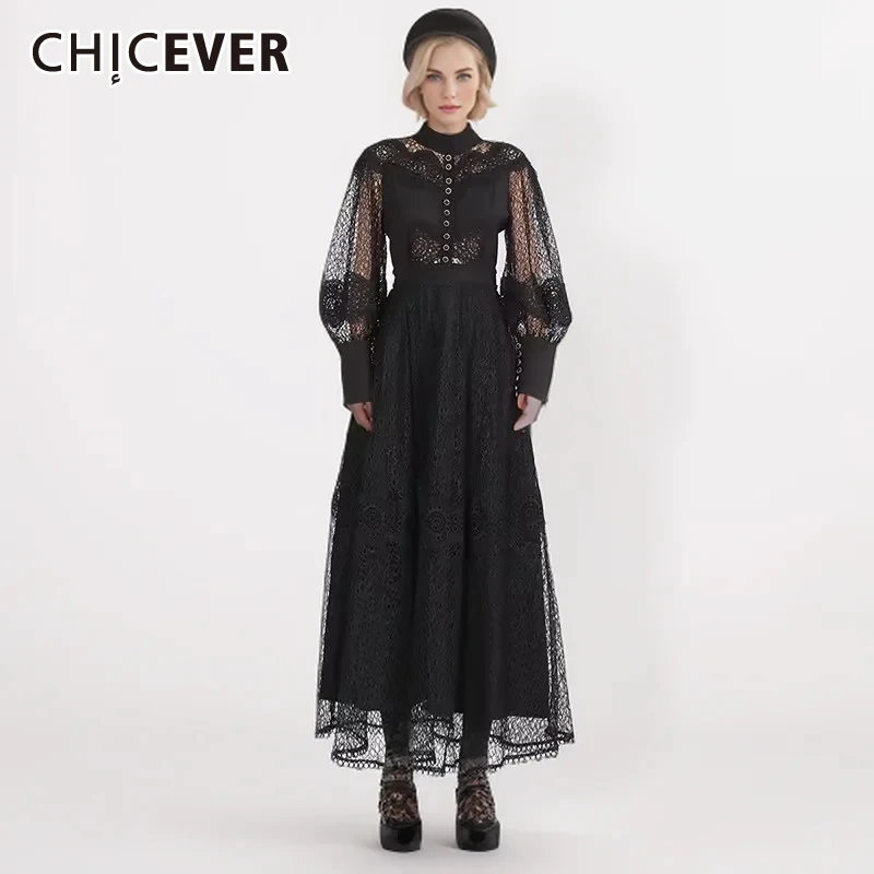 

CHICEVER Spliced Embroidery Dresses For Women Stand Collar Lantern Sleeve High Waist Hollow Out Solid Spring Long Dress Female