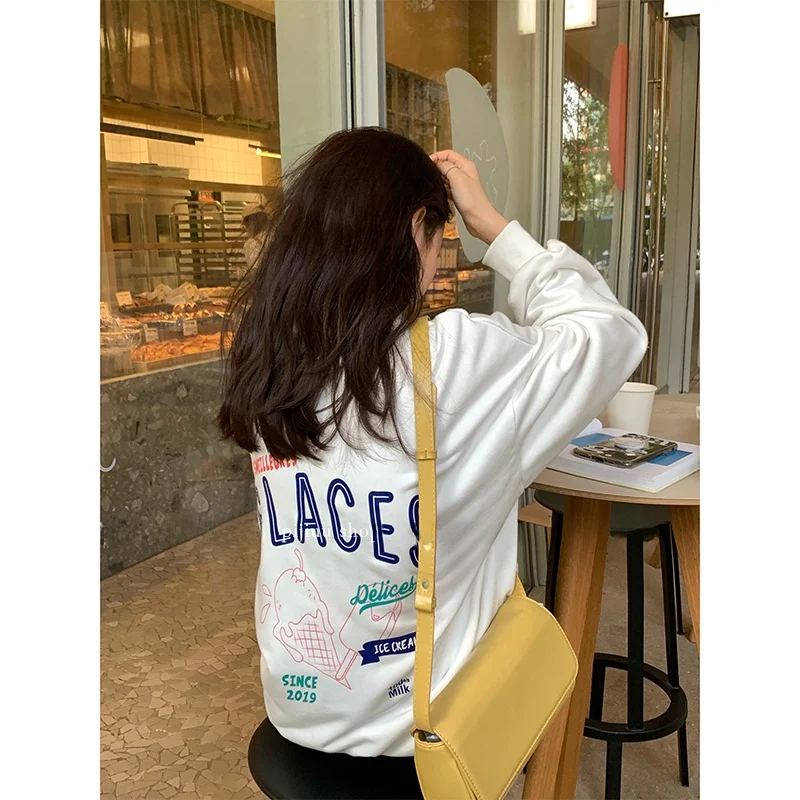 

Белый свитшот с принтом, женский, свободный, в корейском стиле, с круглым вырезом, осенняя новинка 202, дизайн Pijiu Ice Cr