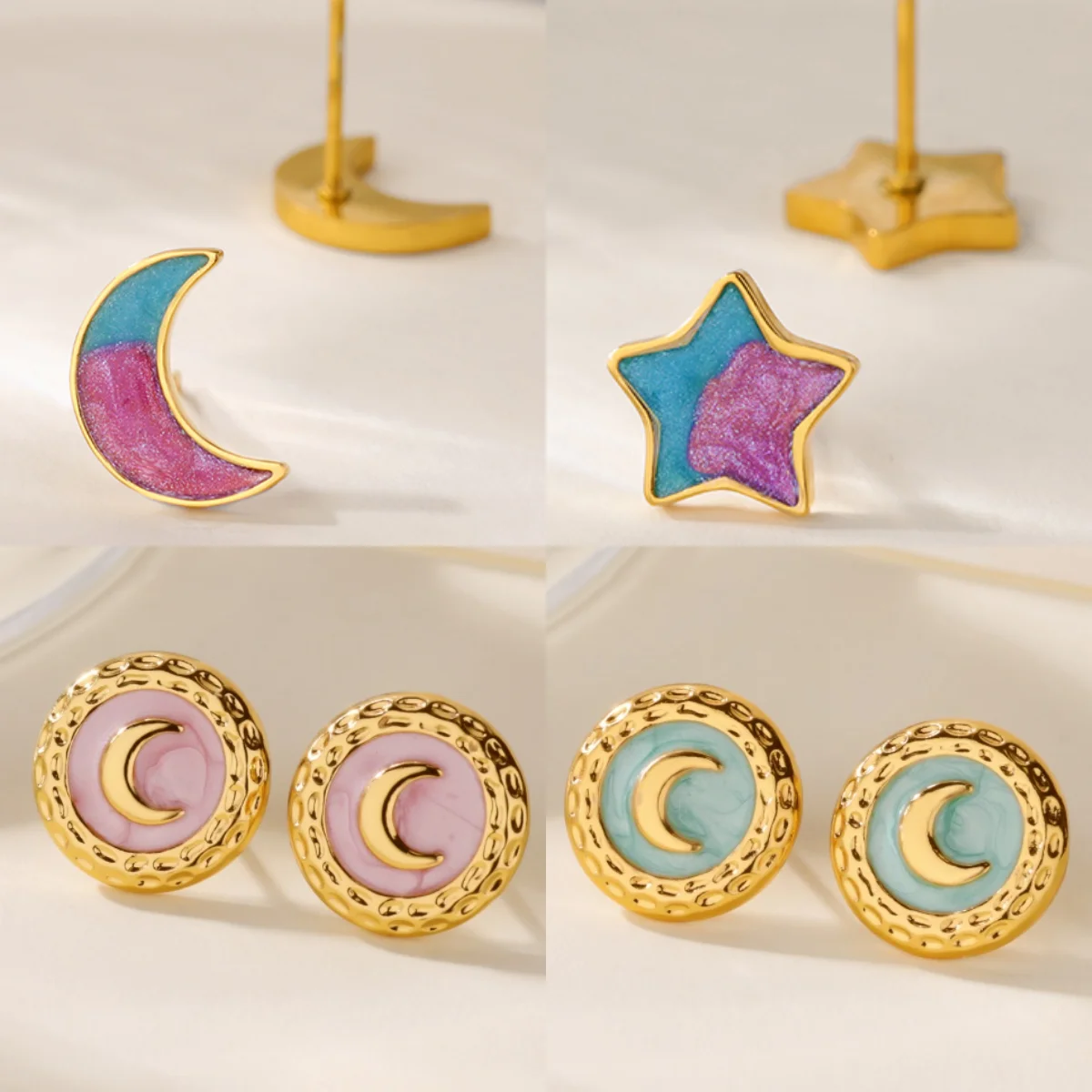 

10Pairs Romantic Star Moon Drip Women's Earrings Stainless Steel Colorful Delicate Jewelry Earring Date Gift Wholesale bijoux f