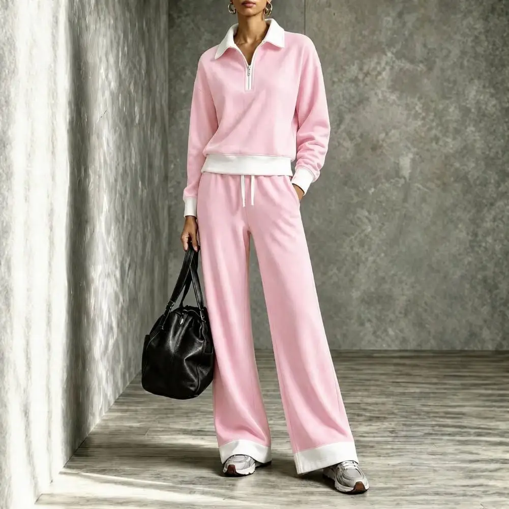 Women Fall Sweatshirt Pants Set, Turndown Collar Half-Zip Pullover Top, Drawstring Wide Leg Trousers, Contrast Color Lounge Set