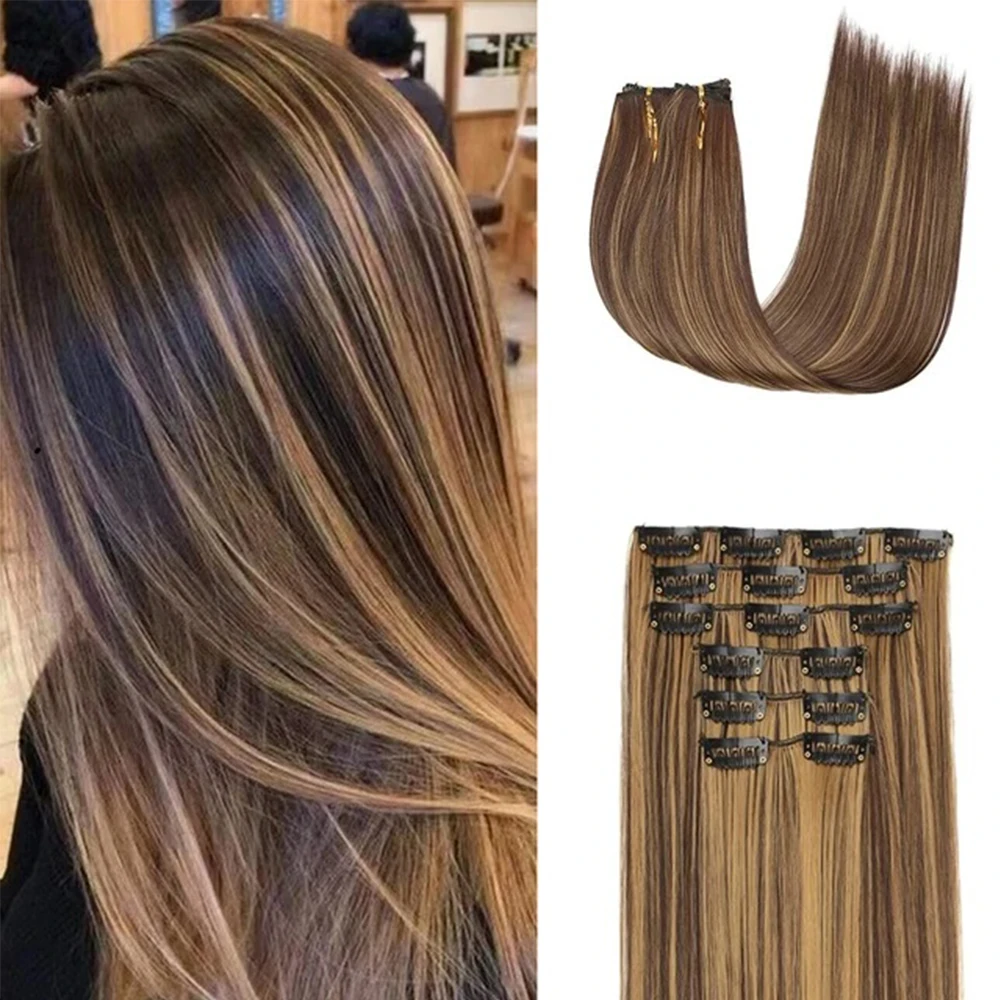 Black brown synthetic 24 inch hair extension 16 clips 6 / set long straight fake hair for women heat-resistant fiber wig