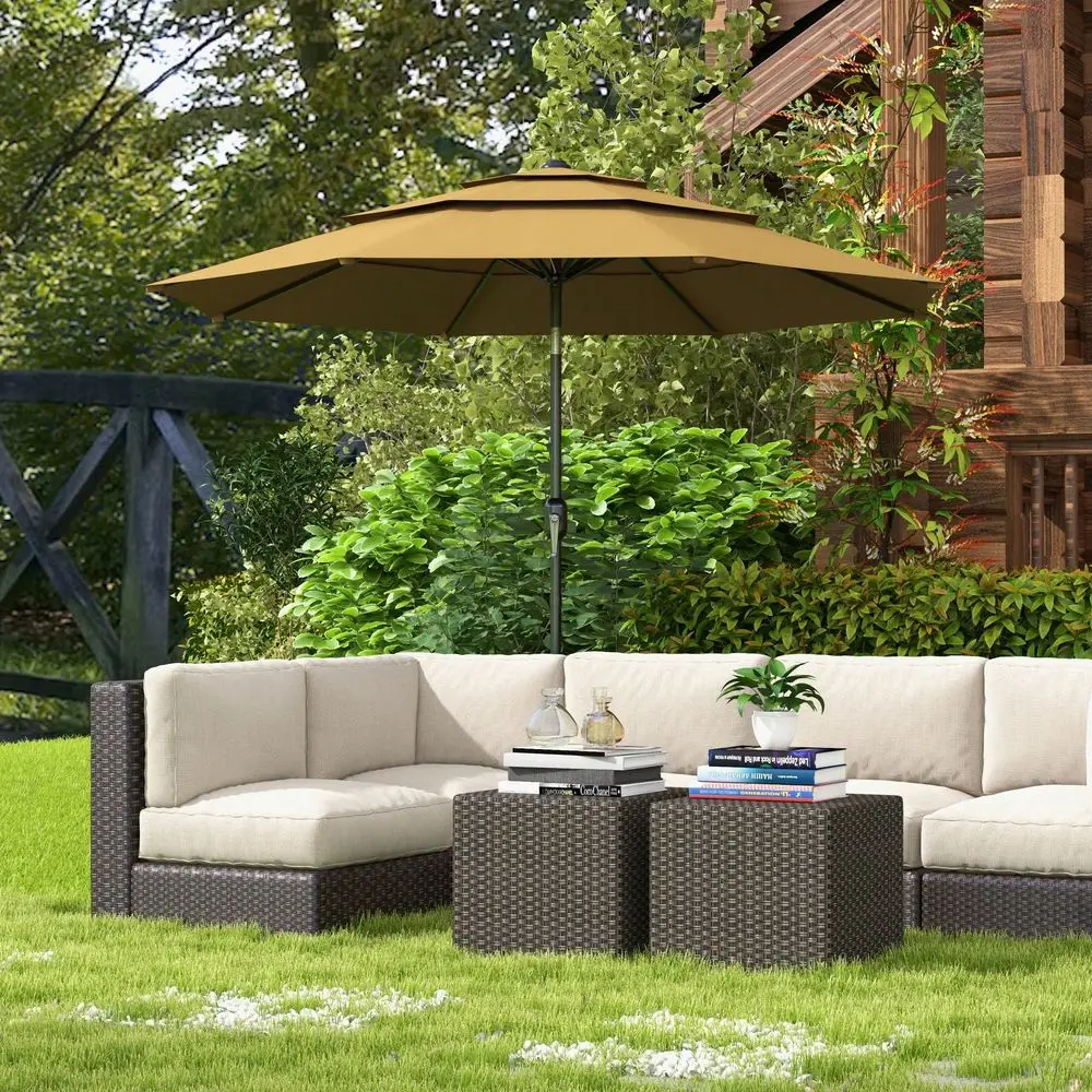 

9FT 3 Tiers Patio Umbrella Outdoor Market Umbrella With Crank, Push Button Tilt For Deck, Backyard And Lawn, Tan
