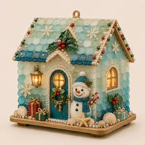 Coastal Sea Glass Christmas House DIY Craft Kit, Handmade Mosaic Wooden Cabin, Holiday Table Decoration for Adult Crafters