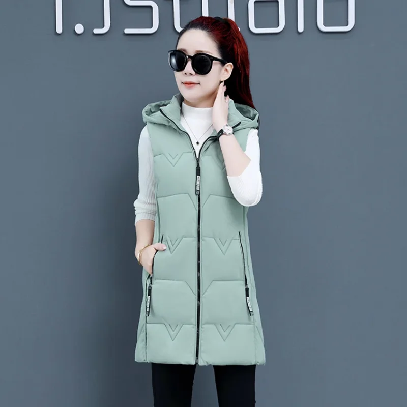 Waistcoat Vest Women Autumn Winter Long Korean Thick Waistcoat Vest Coat 2025 New Hooded Down Cotton-Padded Vest Female Overcoat