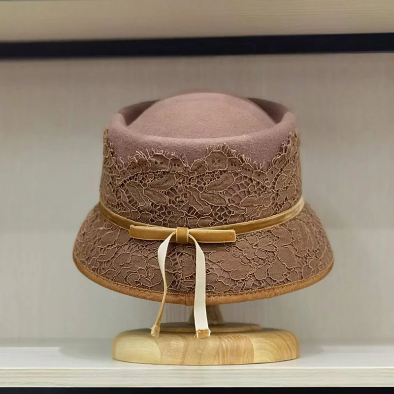 Fashion Japan Women 2023 Winter Bucket Hat Belt Lace Decoration Sun Protection Cap Female Concave Top Fedora Hat Wool White Hats