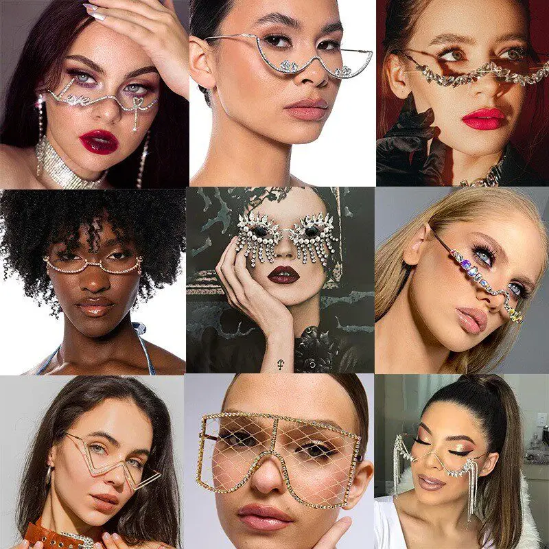 Geometric decorative glasses frame No lenses Foldable rhinestone fringed jewelry Glasses frame