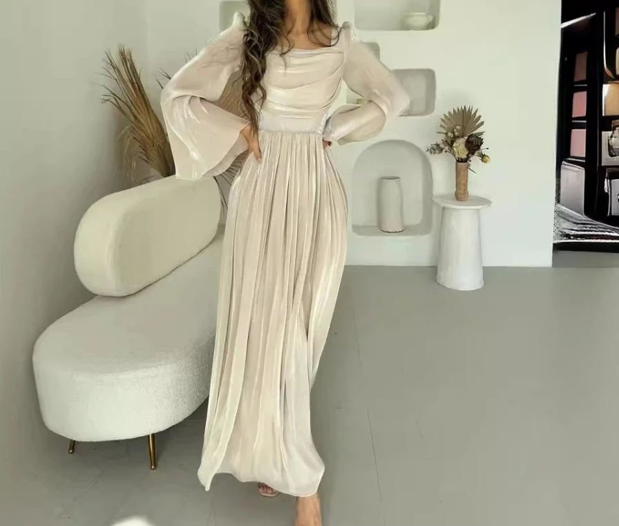 French Retro Style for Women 2024 Summer A-Line Skirt New Fashion Square Neck Elegant Long Sleeved Pleated High Waist Long Dress