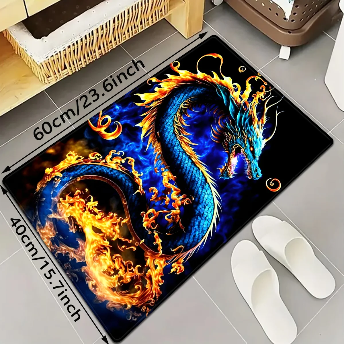Vivid Flame Dragon Rug – Fiery Blue & Orange Dragon Design, Soft Fade-Resistant Polyester for Bedroom or Living Room - view 3