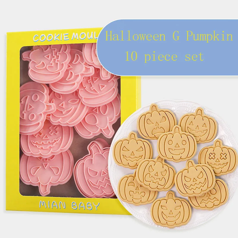 9 Styles Halloween Cookie Cutters Plastic 3D Pumpkin Cartoon Pressable Biscuit Mold Cookie Stamp Kitchen Baking Pastry Bakeware