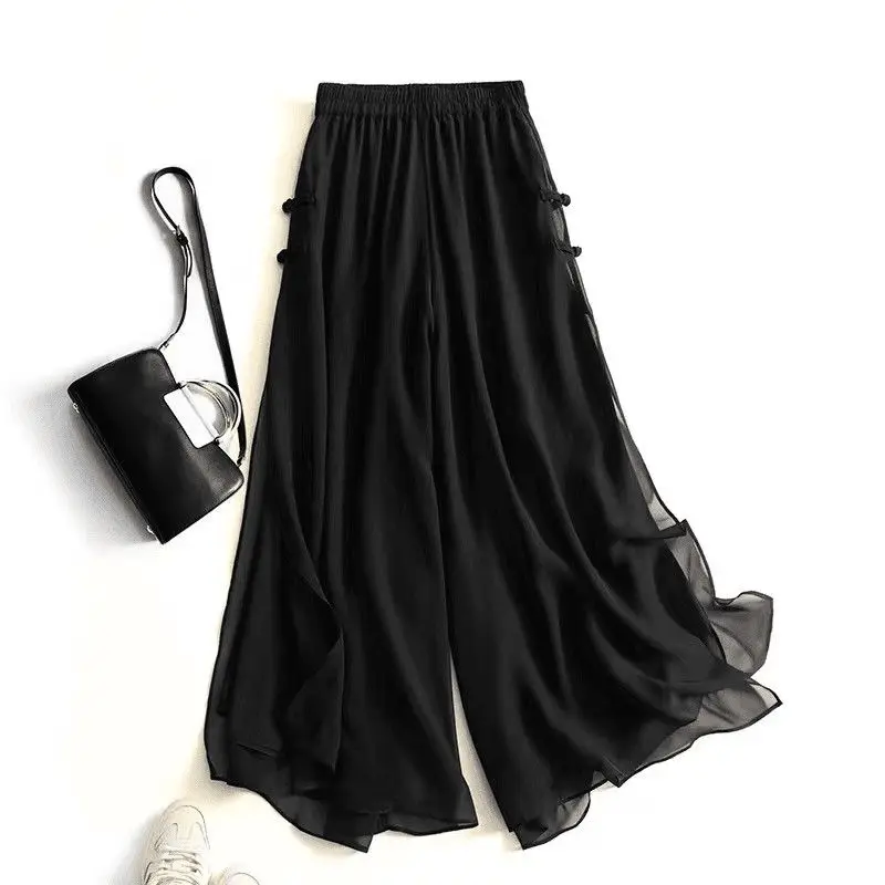 New Chinese Style Wide Leg Pants Women's Summer 2026 New Draped Nine Points Silk Wide Leg Trousers Elegant Casual Pants Q320
