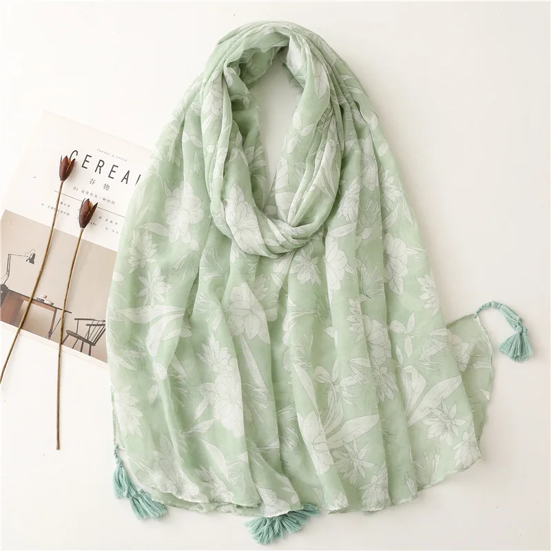 2022 Hot Sale Flower Print Tassel Foulard Scarf Shawls Long Beautiful Beach Hijab Wrap Free Shipping