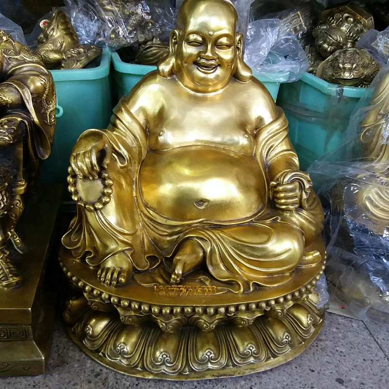 HOME Shop company hall thriving business Money Drawing Good luck Gold Maitreya God of wealth Buddha brass statue
