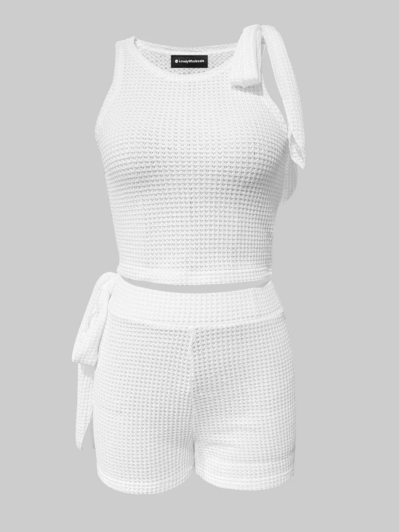 LW Mesh Bandage Design Shorts Set Women Summer 2pcs Solid Color Sleeveless Round Neck Daily Two Pieces Shorts Set Matching Suit