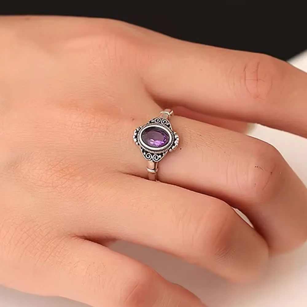 

S925 Silver Retro Ring Set February Birthstone Natural Amethyst Ring Mysterious Meaning Daily Elegant Jewelry Size Adjustable