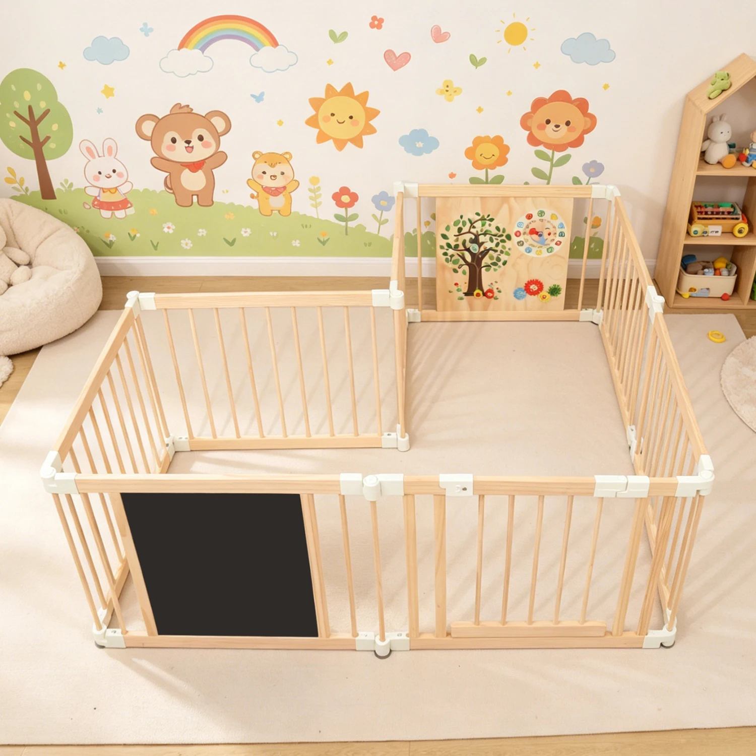 *Hot Sale Modern Kids Learning Playpen Natural Wood Baby Gate Foldable with Chalkboard for Bedroom Safety