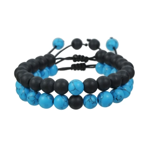 Fashion Retro Black Frosted White Turquoise Braided Set Bracelet Men Adjustable Couple Bracelet