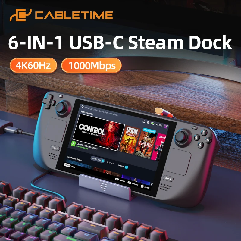 

CABLETIME 6 в 1 USB C Steam Dock HDMI Hub 1000 Мбит/с 5 Гбит/с 4K60 Гц Складная конструкция для игрового коммутатора Stream Hub Ноутбук ТВ