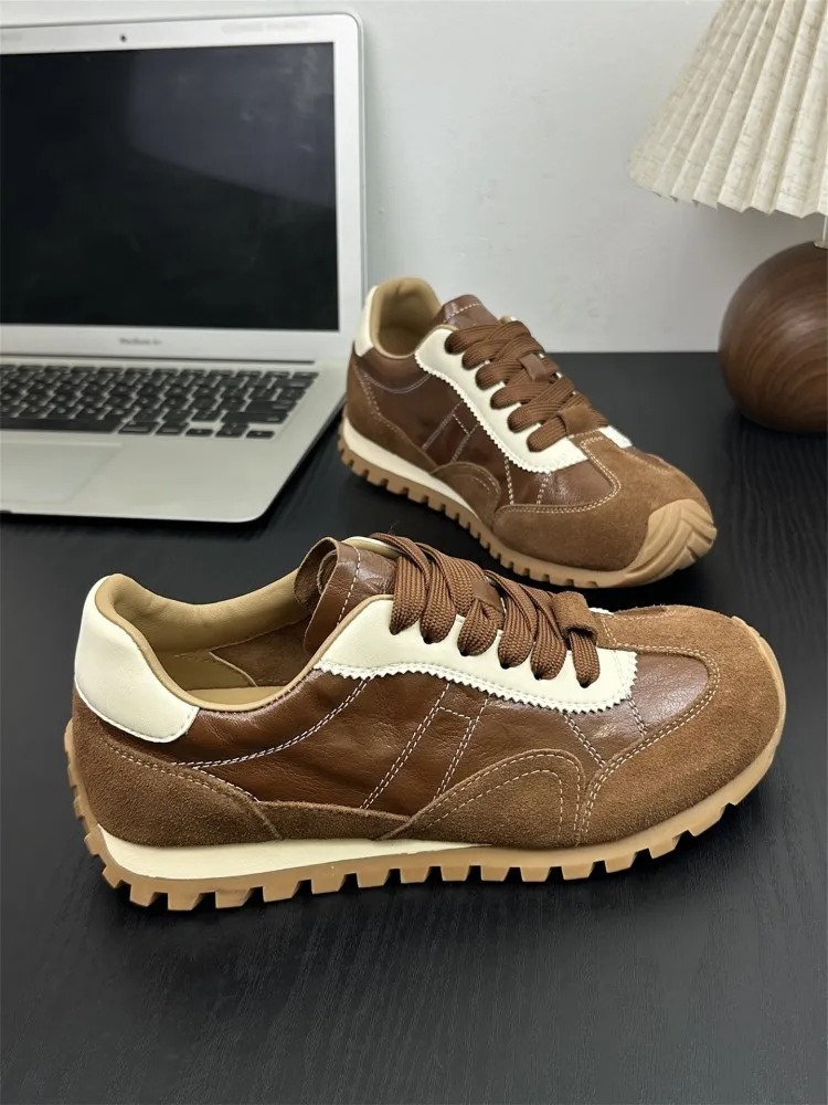 Comfortable Women Sneakers Lace Up Suede Spliced Sheepskin Genuine Leather Running Shoes Vintage Autumn Female Sport Trainers