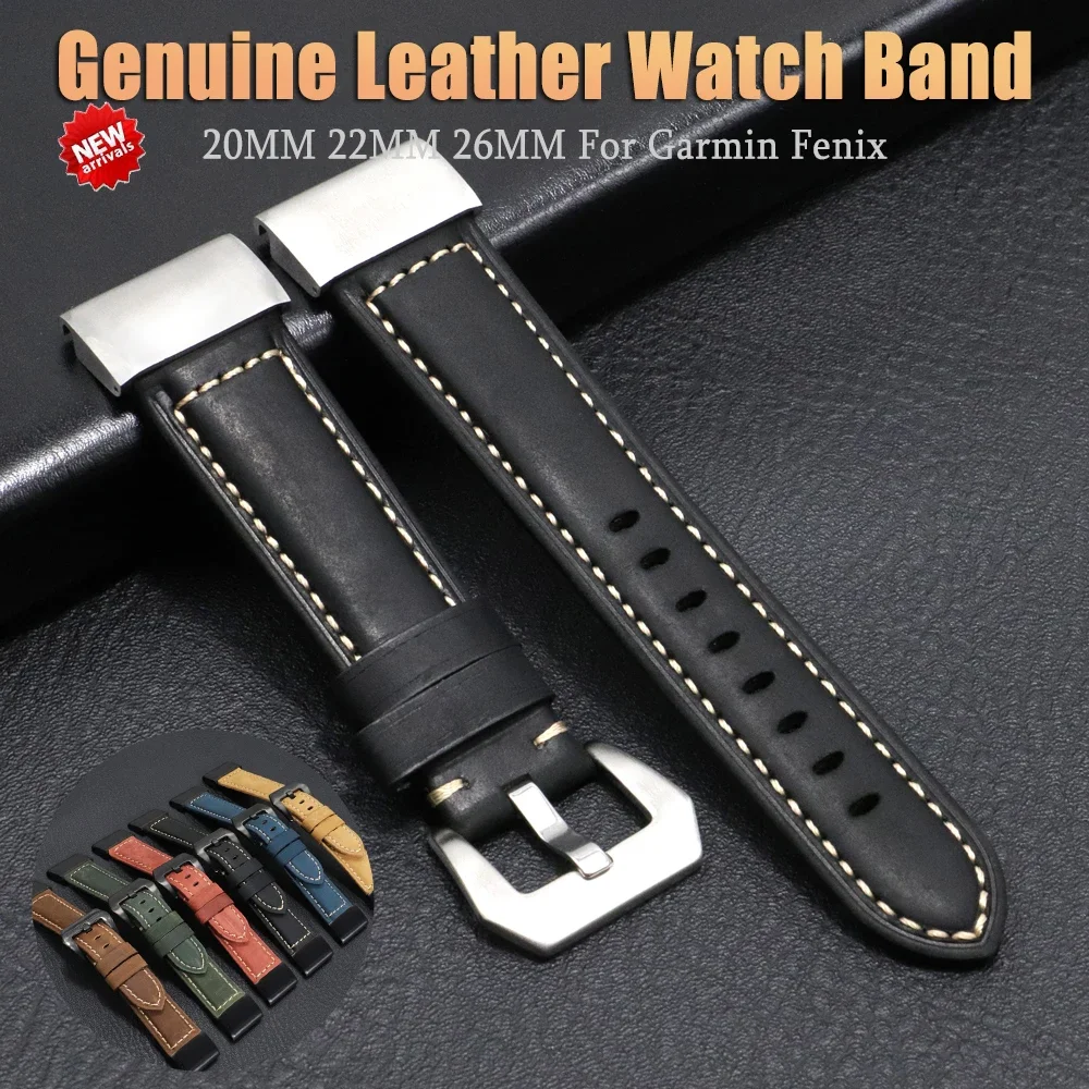 22mm 26mm Leather Watch Band For  Garmin Fenix 7 7S 7X 6S 6X Wrist Strap Replacement Straps 6 5S 5X 5 3