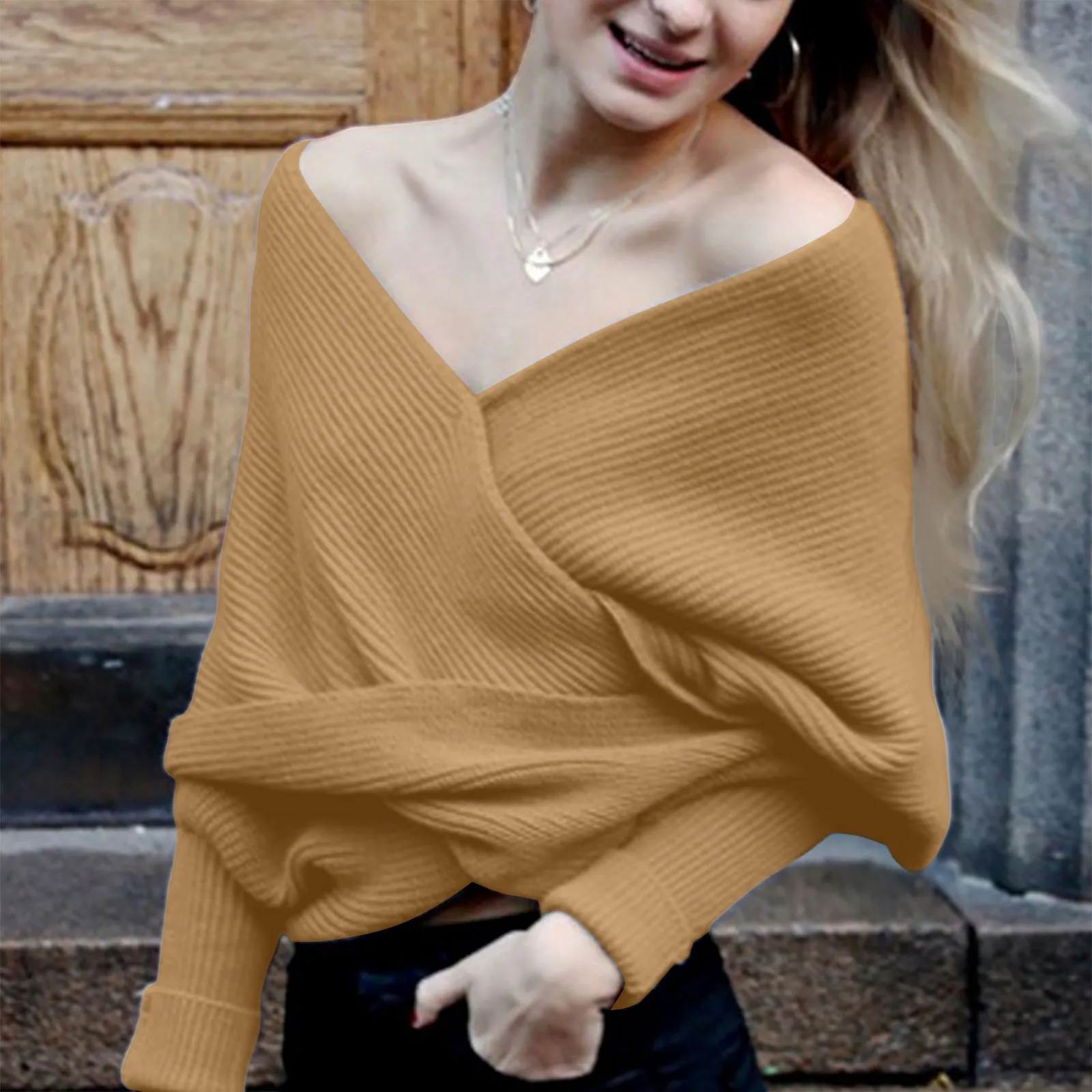 New Arrival Sexy Women V-neck Wrap Sweaters Scarf Fashion Knitted Off Shoulder Shawls Long Sleeve Warm Loose Female Scarves