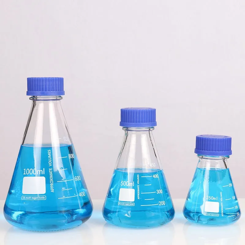 Conical blue cap reagent bottle 250/500/1000ml conical screw-top reagent bottle screw-top triangular flask glass bottle