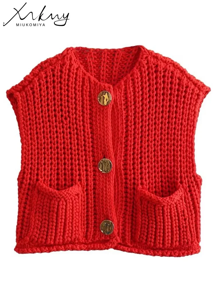 Short Sleeveless Cardigans For Women Knitted Vest Spring Sleeveless Jacket Women Croped Sweater Vests Cardigans With Pockets