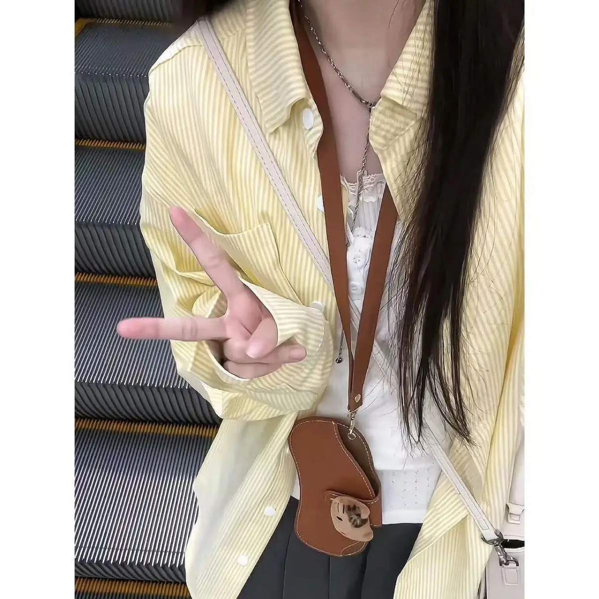 

Yellow Striped Long Sleeves Shirt Spring Autumn New Casual Commuting Loose Slimming Tops Versatile Fashion Clothes for Women