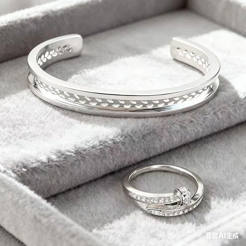 

Rose Box 2-Piece Christmas Gift: Olive Branch Bracelet 925 Sterling Silver CZ Open Ring for Women Couples gifts for holidays, b