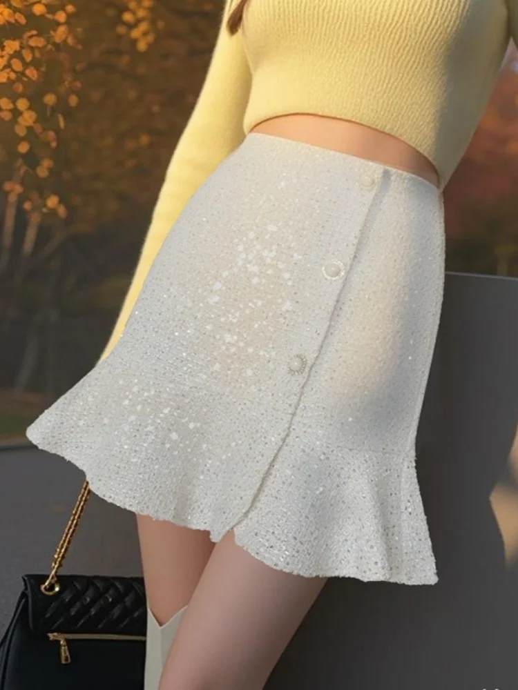 

Small Fragrance Style Sequined Short Skirt For Women New Autumn Winter High Waist Irregular A-line Ruffled Mermaid Woolen Skirt